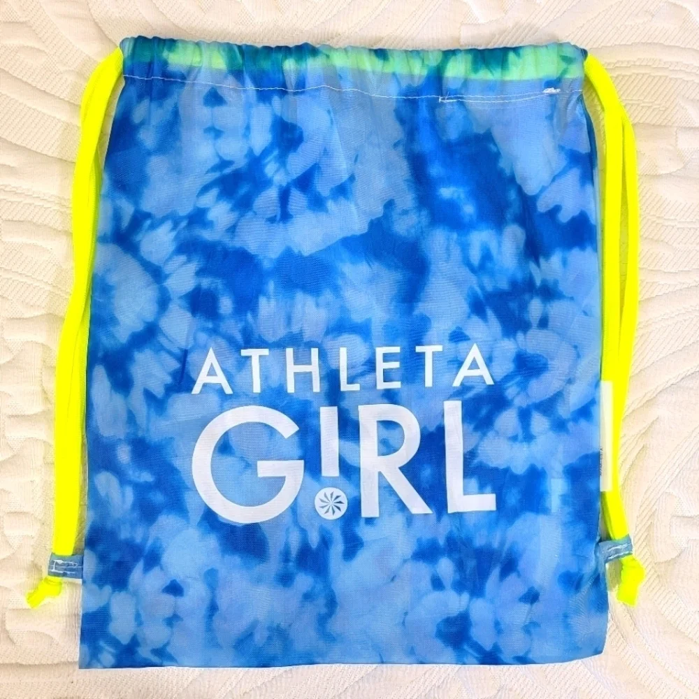 New Athleta Girl Blue Tie Dye Neon Yellow Drawstring Backpack Bag